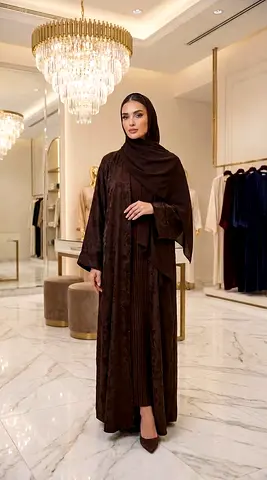 Dark Brown Jacquard Abaya with Premium Textured Modest Inner Dress and hijab set