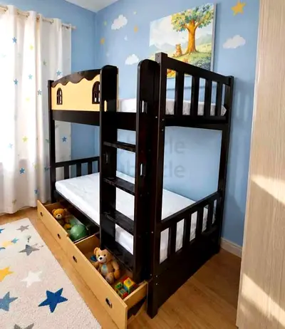 Solid Wooden Bunk Bed with Under-Drawer Storage - Dark Finish (Good Condition)