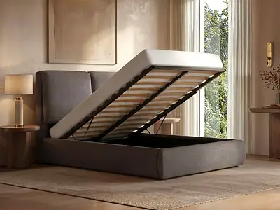 Light brown ribbed fabric queen hydraulic bed