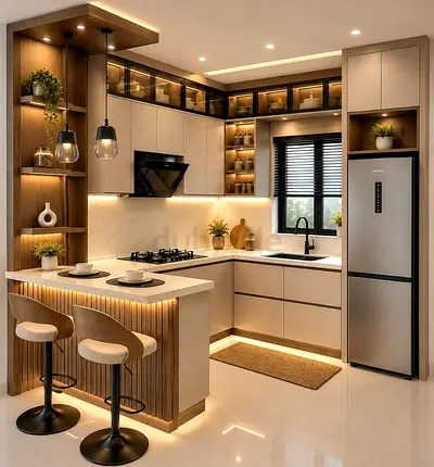 Modern L-shaped Kitchen Cabinets with Breakfast Bar