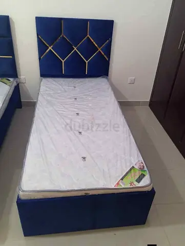 Single Bed with Headboard and Mattress - Blue Velvet, Good Condition