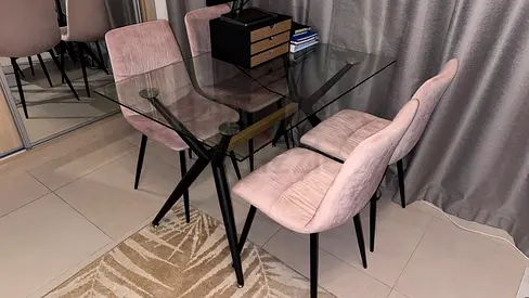 Glass Top Dining Table with 4 Upholstered Pink Velvet Chairs - Excellent Condition