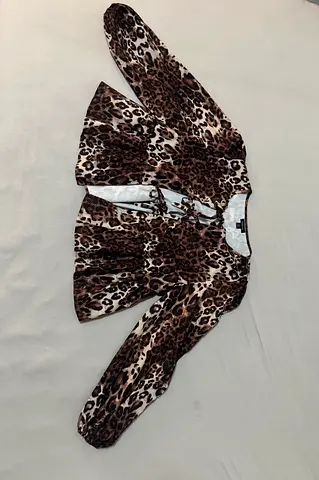 Leopard print long-sleeve peplum blouse, size L