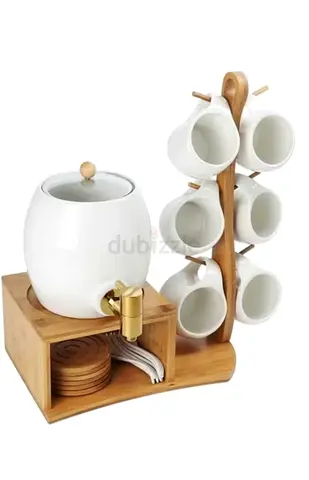 New Ceramic Tea/ Coffee Dispenser Set with bamboo wooden Stand and 6 Mugs perfect for gift