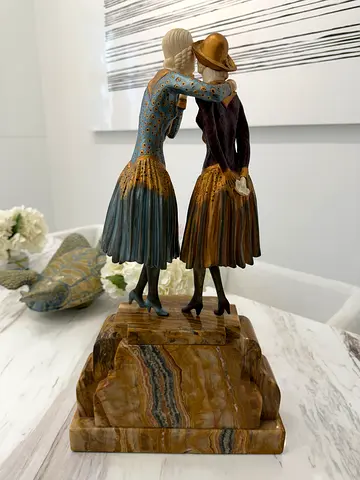 Antique Decorative Dancing Couple Bronze Sculpture - Marble Base, Hand-Painted
