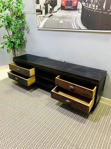 Low Wooden TV Console with 4 Drawers - Dark Finish