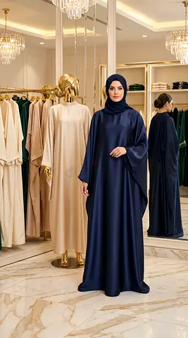 Navy Satin Abaya with Matching Hijab - Elegant Full-Length Kaftan