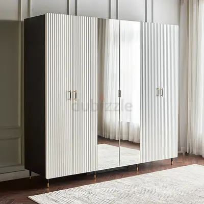 Modern White 6-Door Wardrobe with Mirrored Center Panels