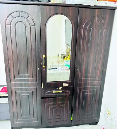 Three-door Wardrobe with Mirror - Dark Wood Finish