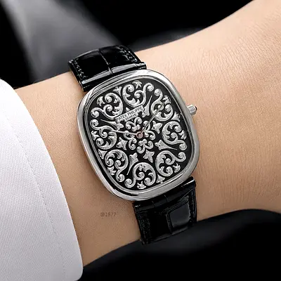 Patek Philippe-style Black Engraved Dial Leather Strap Watch