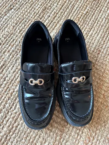 Zara Black school patent leather loafers with metal bit detail - size 38 (preowned)