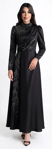 Black Embellished Long Sleeve Evening Gown, Size S-M