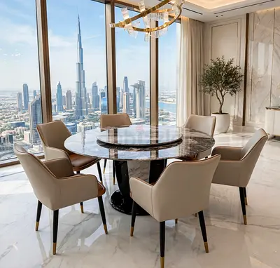 Marble Round Dining Table with 6 Upholstered Chairs - Modern Set