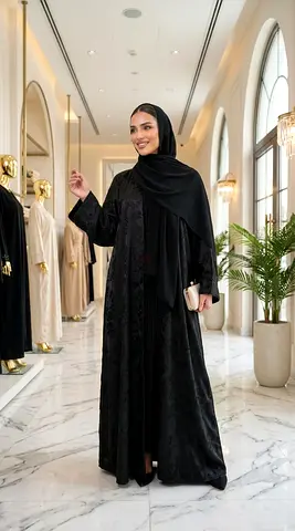 Black Abaya with Premium Textured Modest Inner Dress & Hijab Set