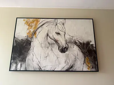 Large Framed Horse Sketch Canvas Artwork with Gold Accents