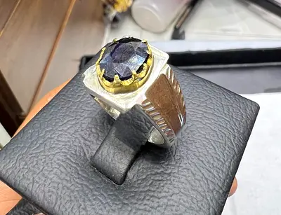 Men's Sterling Silver Ring with Dark Blue sapphire stone