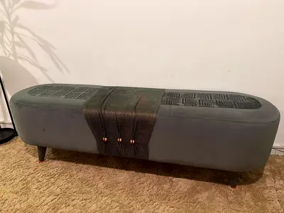 Upholstered Grey Bench / Ottoman with Decorative Strap