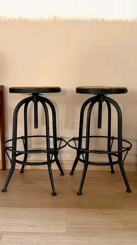 Set of 2 Industrial Metal & Wood Bar Stools, Adjustable Height