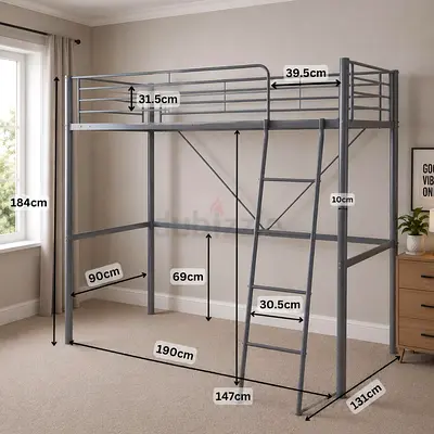 Metal Loft Bed Frame with Ladder - High Bunk Single (Grey)