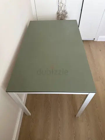 Modern rectangular green dining/office table with white metal legs