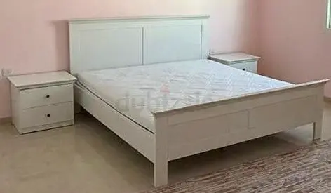 White Wooden King Bed with Mattress and 2 Nightstands - Good Condition