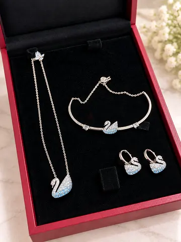 Swan-themed Swarovski-style Necklace, Bracelet & Earring Set - Silver Tone