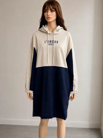 Beige & Navy L'Amour Oversized Hooded Sweatshirt Dress - Size S/M