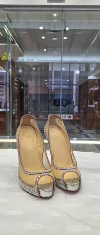 Beige peep-toe heels with rhinestone trim, size approx EU 38