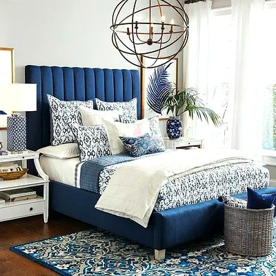 Foggy Blue Upholstered Velvet Bed With High Headboard