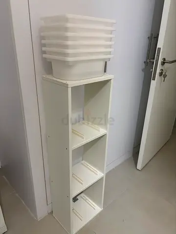 White tall storage cabinet with shelves and drawers - good condition