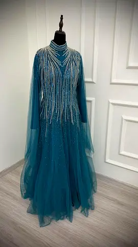Teal Beaded Maxi Evening Gown with Long Sheer Sleeves