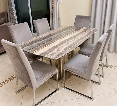 Modern artificial Marble Top Dining Set with 6 Velvet Chairs