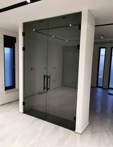 Tempered Frameless Glass Double Doors with Black Hardware - Like New