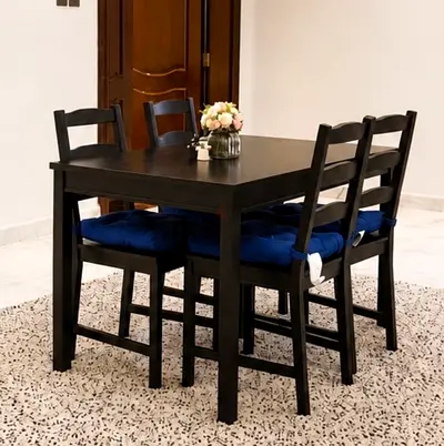 Solid Wood 4-Seater Dining Table Set with Cushions - Dark Finish