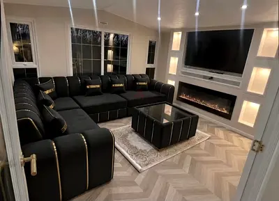 Brand New Large L-shaped Black Leather Sofa Set with Ottoman – Modern
