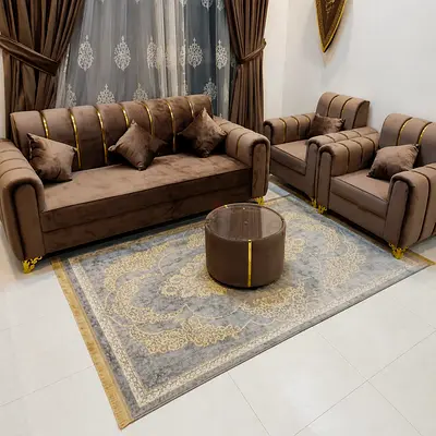 Brand New Brown velvet 7 Seater sofa set with gold accents - excellent condition