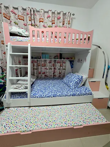 White & Pink Wooden Bunk Bed with Storage & Mattresses - Very Good Condition