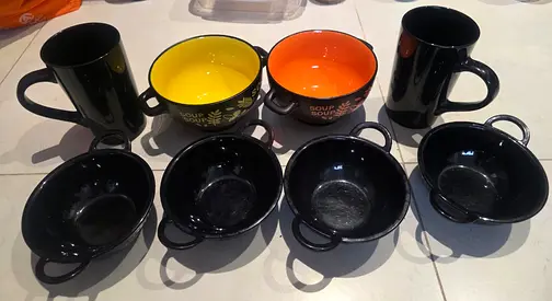 Set of Kitchen Mugs and Soup Bowls — Black with Yellow & Orange Accent Bowls