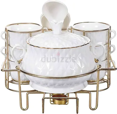 Ceramic Soup Tureen and Bowl Set with Gold Rack