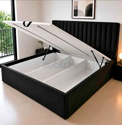 New Queen Storage Bed with Gas Lift Ottoman - Black Fabric, Headboard Included