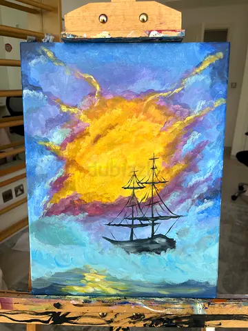 Original Hand-Painted Acrylic Painting of Ship Sailing into a Fiery Sunset, 30x40cm canvas