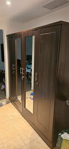 Dark Wood 4-Door Wardrobe with Mirror - Good Condition