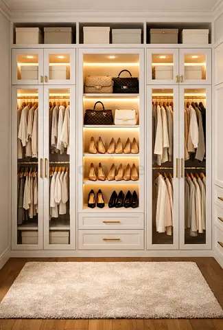 Built-in Walk-in Closet Wardrobe with LED Shelving and Glass Doors