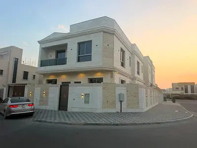 For rent in Al-Yasmeen: Ground floor, first floor, and roof. Features include 5 bedrooms, 7 bathrooms, a balcony, a Jacuzzi, a majlis, and a corner li