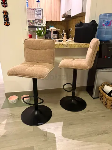 Set of 2 Beige Fabric Bar Stools with Swivel & Footrest