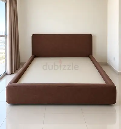 Brown upholstered platform bed frame with headboard — good condition
