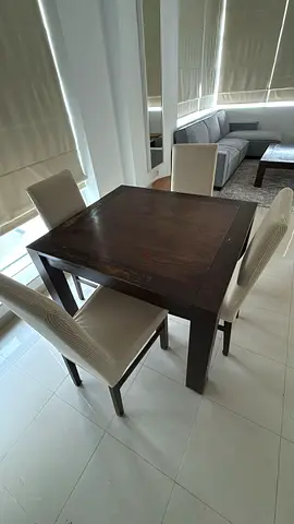 Solid Dark Wood Dining Table with 4 Upholstered Chairs - Good Condition