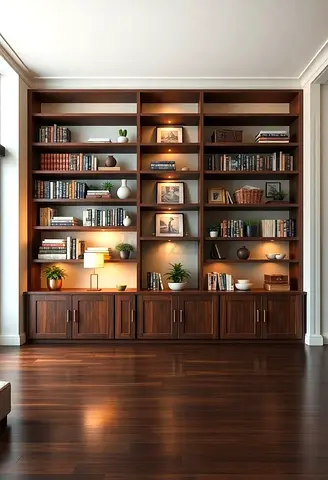 Large Wooden Built-in Bookcase with Lower Cabinets