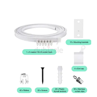 White 5m Ceiling Curtain Track Kit with Rollers, Brackets & Clips