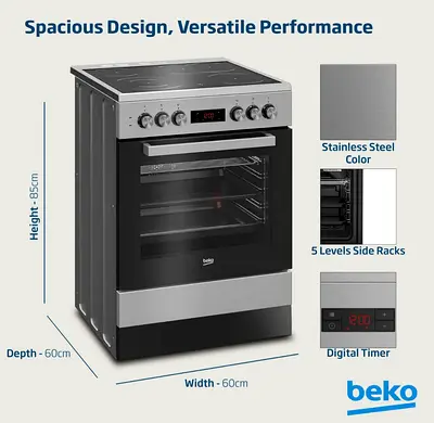 Beko 60cm Stainless Steel Electric Cooker with Oven - 5 Rack Levels, Digital Timer